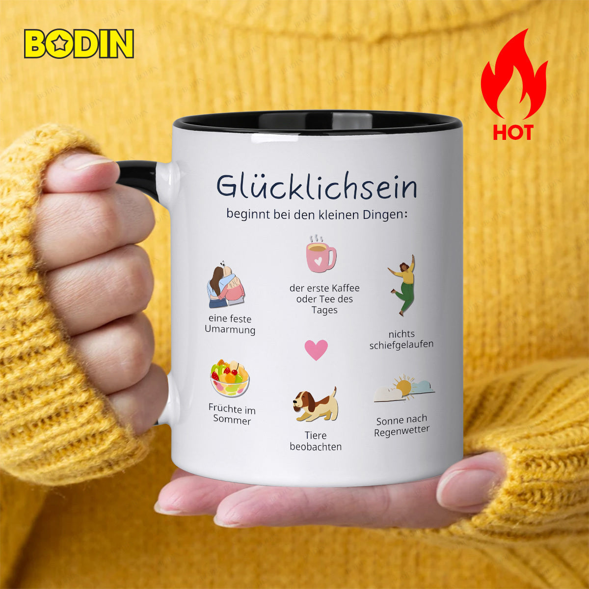 Tailorly Black Accent 11 oz Mug - happiness begins with german words design