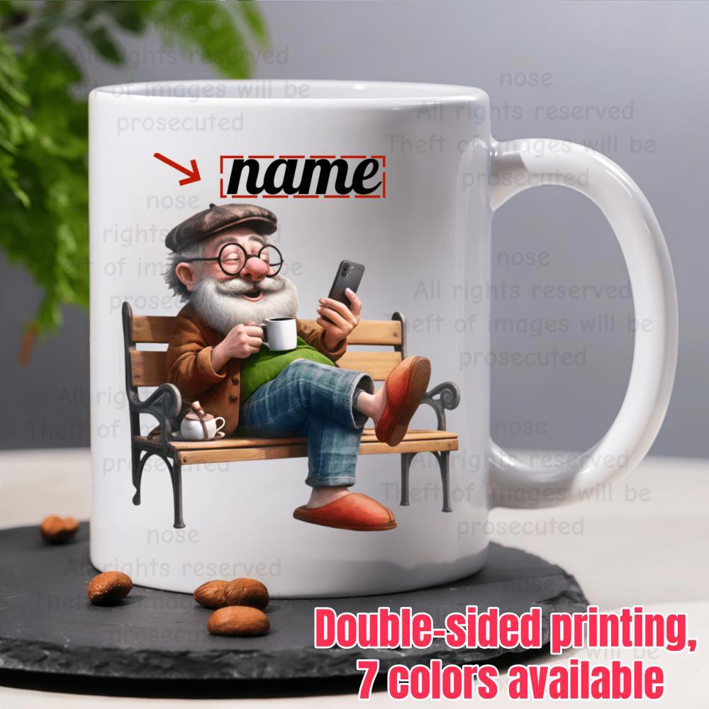 Tailorly White Ceramic 11 oz Mug - Name Wise Old Man Sitting On Wooden Bench Holding Coffee And Smart Phone Character