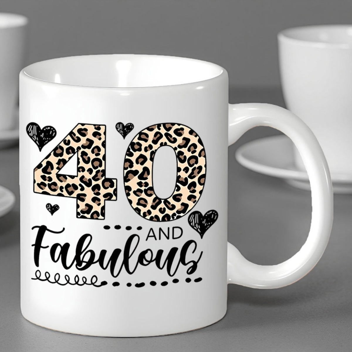 Tailorly White Ceramic 11 oz Mug - 40 And Fabulous Leopard Print Numbers With Delicate Black Hearts And Swirl Design