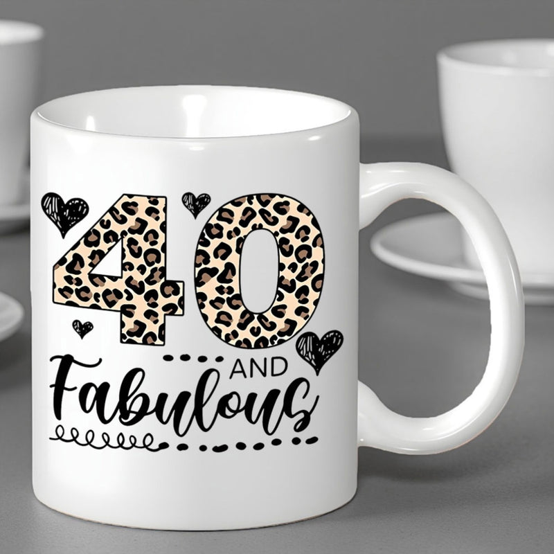 Tailorly White Ceramic 11 oz Mug - 40 And Fabulous Leopard Print Numbers With Delicate Black Hearts And Swirl Design
