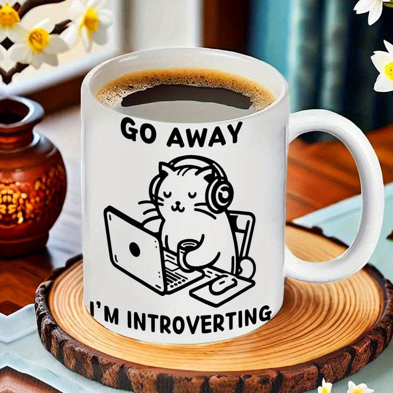 Tailorly White Ceramic 11 oz Mug - Go Away Im Introverting Minimalist Black Line Art Drawing Wearing Modern Headphones Cat