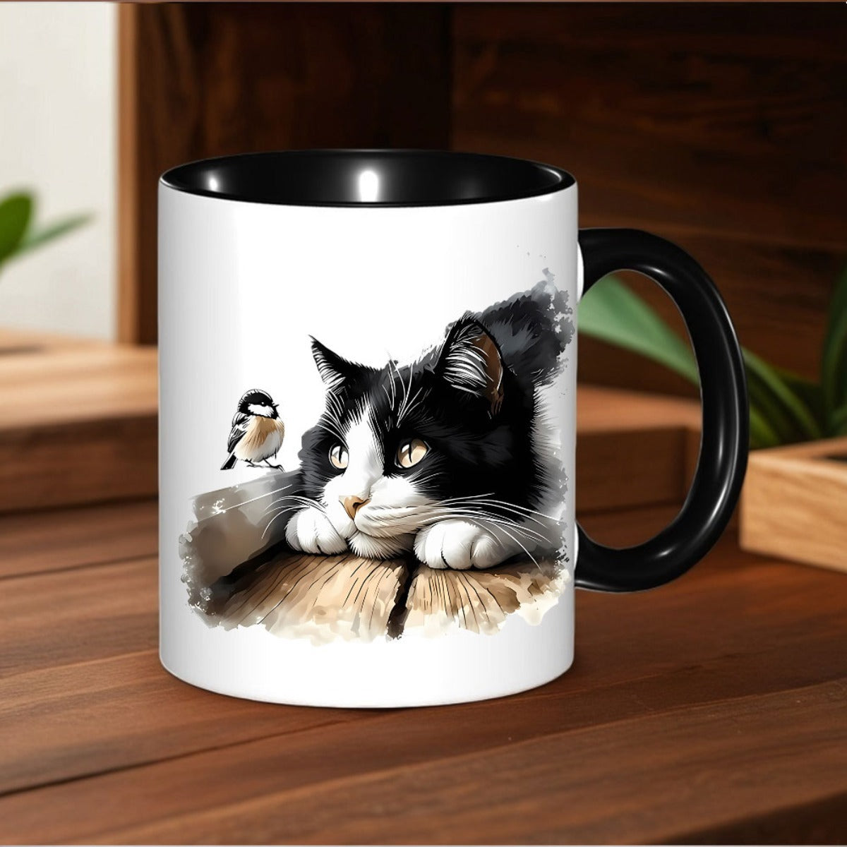 Tailorly Black Accent 11 oz Mug - cute cat bird