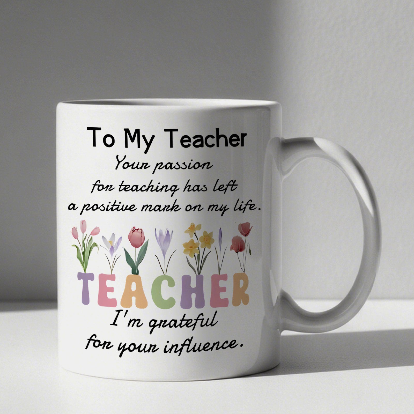 Tailorly White Ceramic 11 oz Mug - To My Teacher Teacher Colorful Blossoming Spring Flowers Growing From Vibrant Rainbow Block Letters Mug