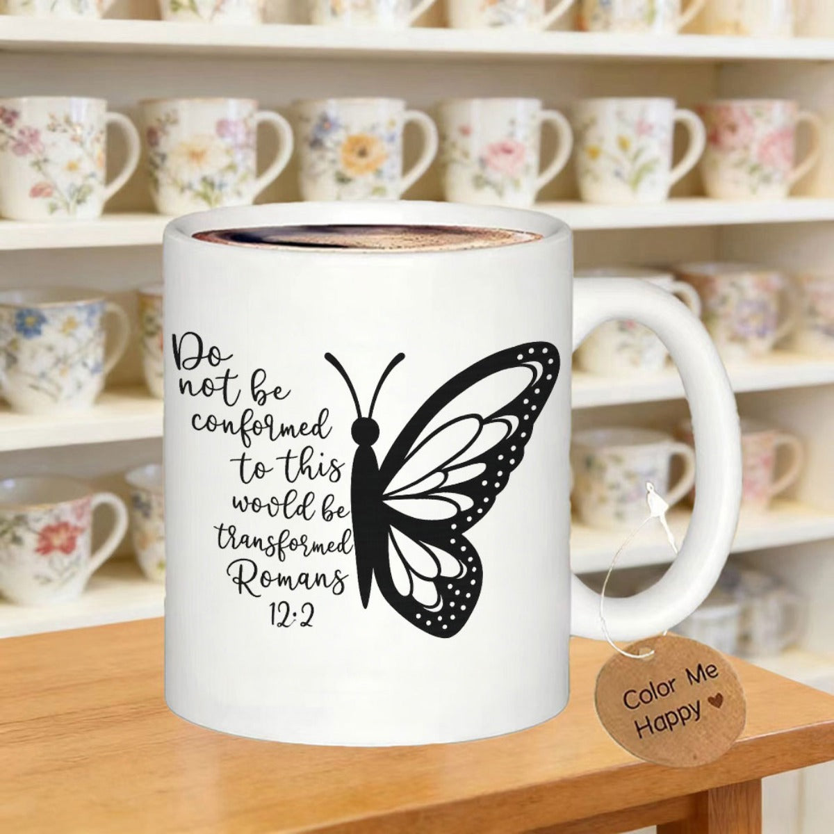 Tailorly White Ceramic 11 oz Mug - Do Not Be Conformed To This World Be Transformed Romans 12 2 Intricate Wing Detail With Artistic Script Forming A Graceful