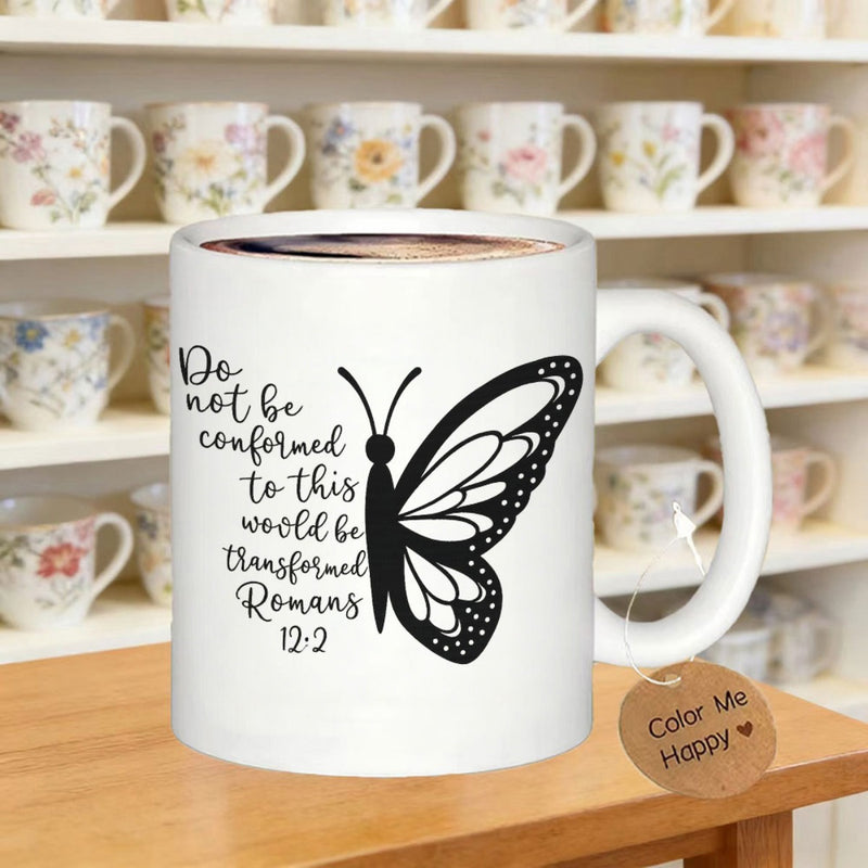 Tailorly White Ceramic 11 oz Mug - Do Not Be Conformed To This World Be Transformed Romans 12 2 Intricate Wing Detail With Artistic Script Forming A Graceful