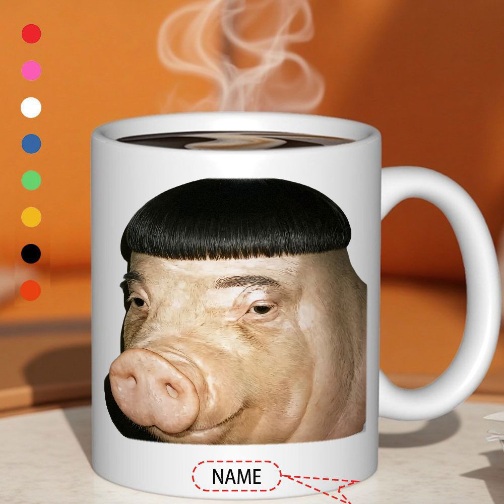 Tailorly White Ceramic 11 oz Mug - Funny Animal Portrait With Stylish Black Bowl Cut Hairstyle Featuring Realistic Pig