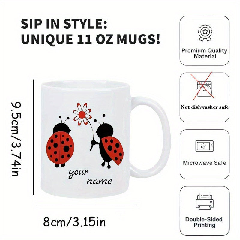 Tailorly White Ceramic 11 oz Mug - Sip In Style Unique Mugs Two Tiny Red Spotted Insects Sharing A Delicate Petal Flower Ladybug