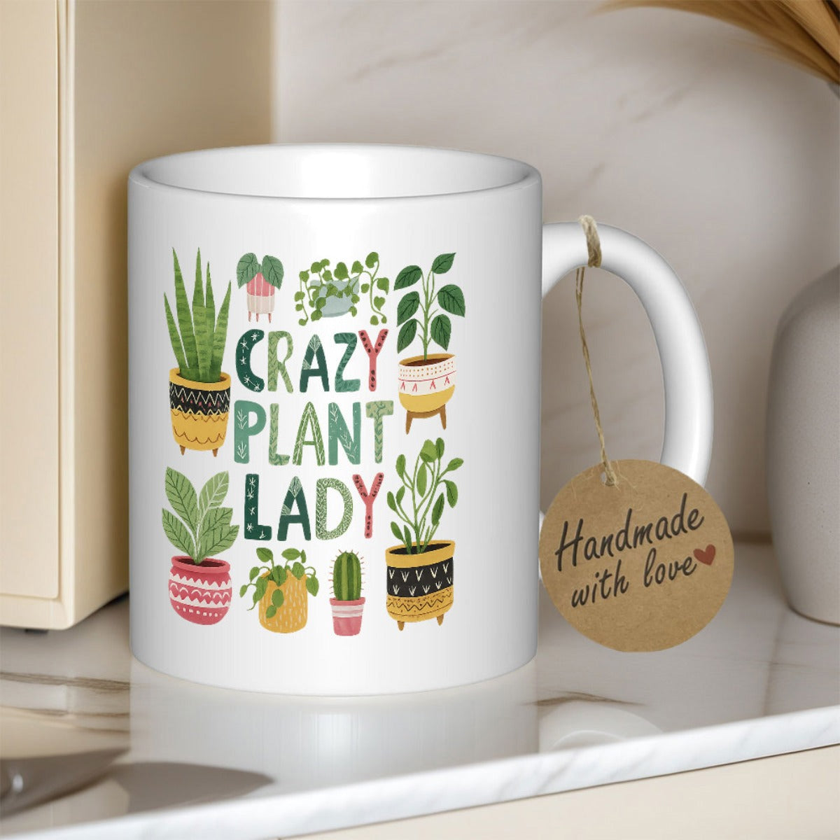 Tailorly White Ceramic 11 oz Mug - Crazy Plant Lady Artistic Vibrant Potted Greenery Among Colorful Hand Drawn Ceramic Pots Plant