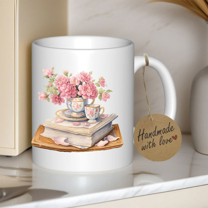 Tailorly White Ceramic 11 oz Mug - Handmade With Love Delicate Pink Roses Arranged In Floral Teacup Atop Vintage Books Rose