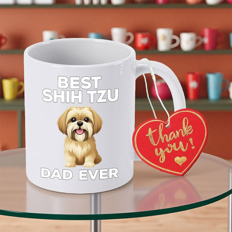 Tailorly White Ceramic 11 oz Mug - Best Shih Tzu Dad Ever Adorable Fluffy Brown And White Puppy Sitting Calmly On Clean Surface Shih Tzu