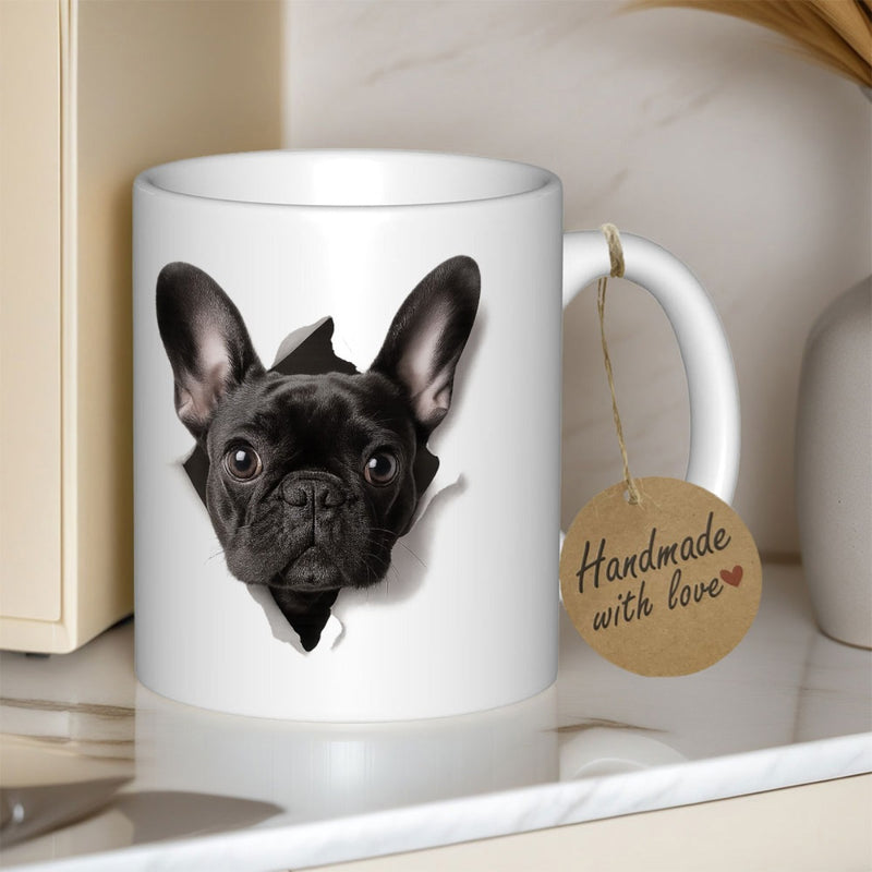 Tailorly White Ceramic 11 oz Mug - Handmade With Love Realistic Black Head Peeking Through A Creative White Torn Paper Dog