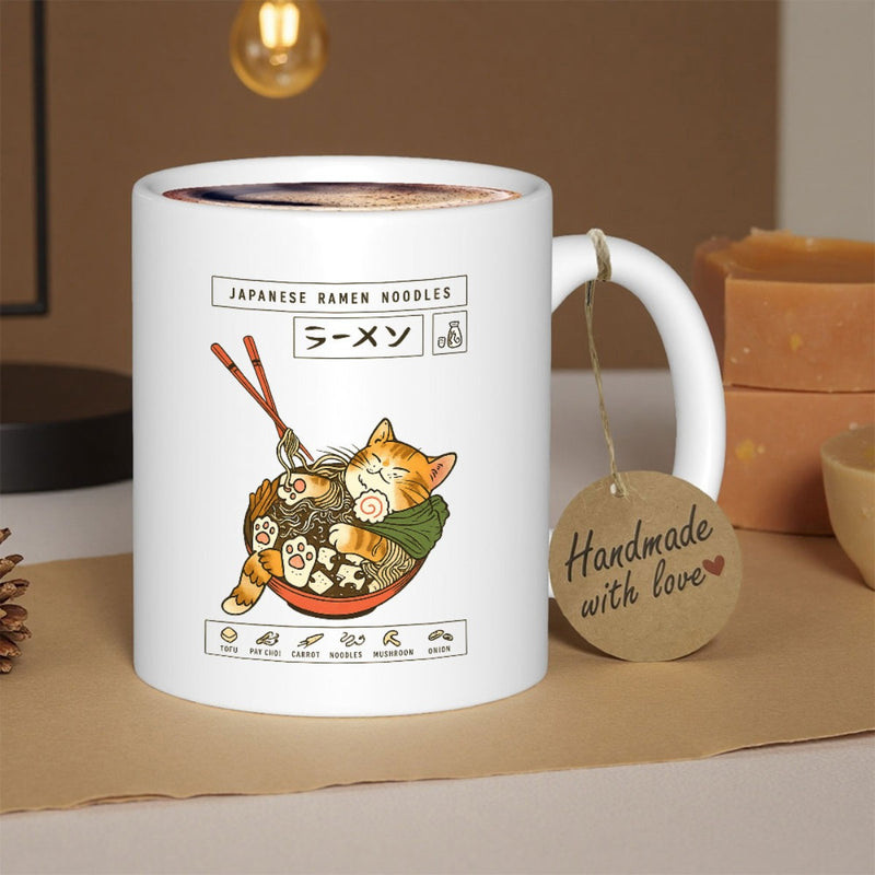 Tailorly White Ceramic 11 oz Mug - Japanese Ramen Noodles Cute Chubby Tabby Cat Sleeping Inside A Warm Ramen Bowl Cat