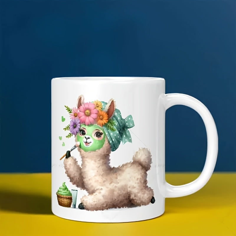Tailorly White Ceramic 11 oz Mug - Charming Fluffy White Alpaca Wearing Vibrant Floral Crown During Spa Day Alpaca