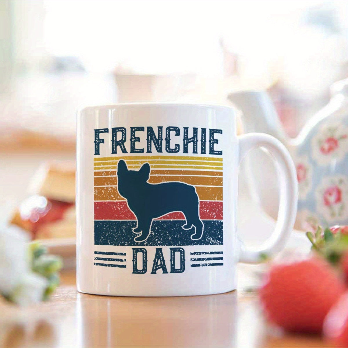 Tailorly White Ceramic 11 oz Mug - Frenchie Dad Distressed Vintage Sunset Stripes With A Silhouette Of A Standing Bulldog
