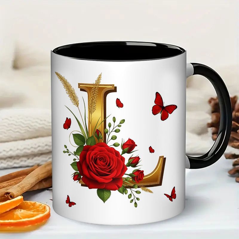Tailorly Black Accent 11 oz Mug - golden initial red roses with butterflies
