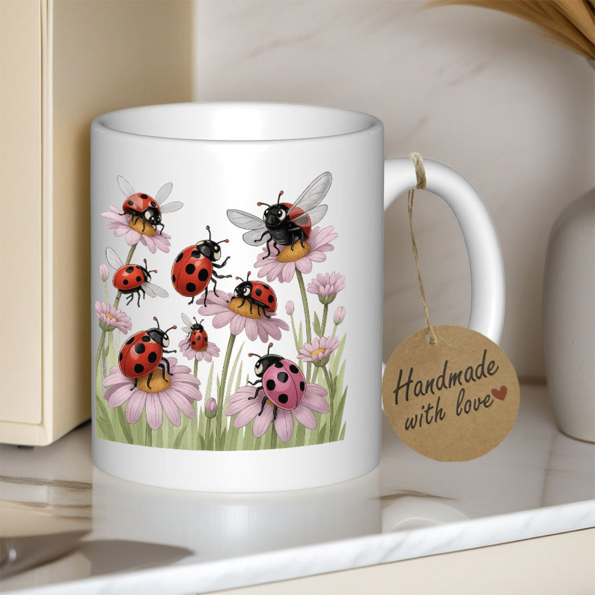 Tailorly White Ceramic 11 oz Mug - Vibrant Red Ladybugs Crawling Among Blooming Pink Daisy Flowers Garden Ladybug