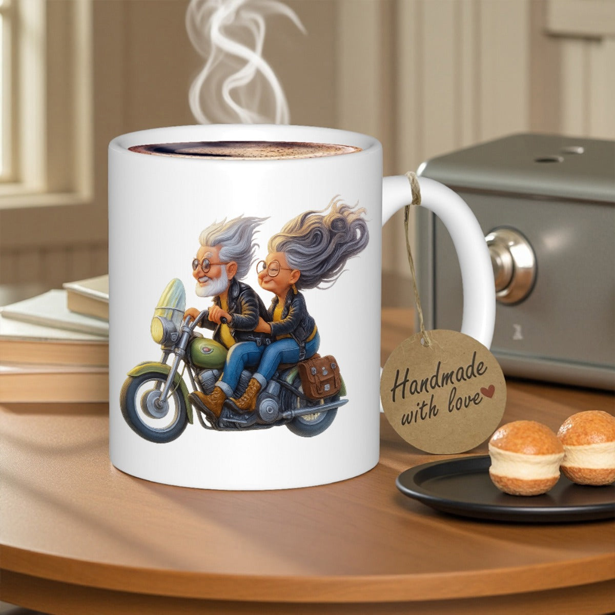 Tailorly White Ceramic 11 oz Mug - Adventurous Elderly Couple Riding Classic Bike With Flowing Silver Hair Under Sunlight Motorcycle