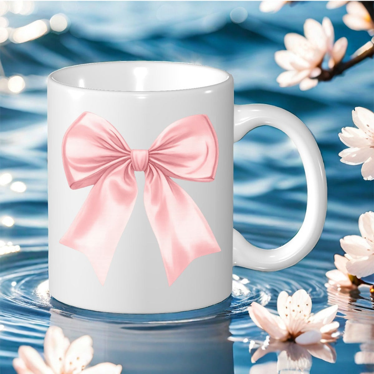 Tailorly White Ceramic 11 oz Mug - Soft Pink Satin Ribbon Tied In A Delicate Elegant Silk Bow