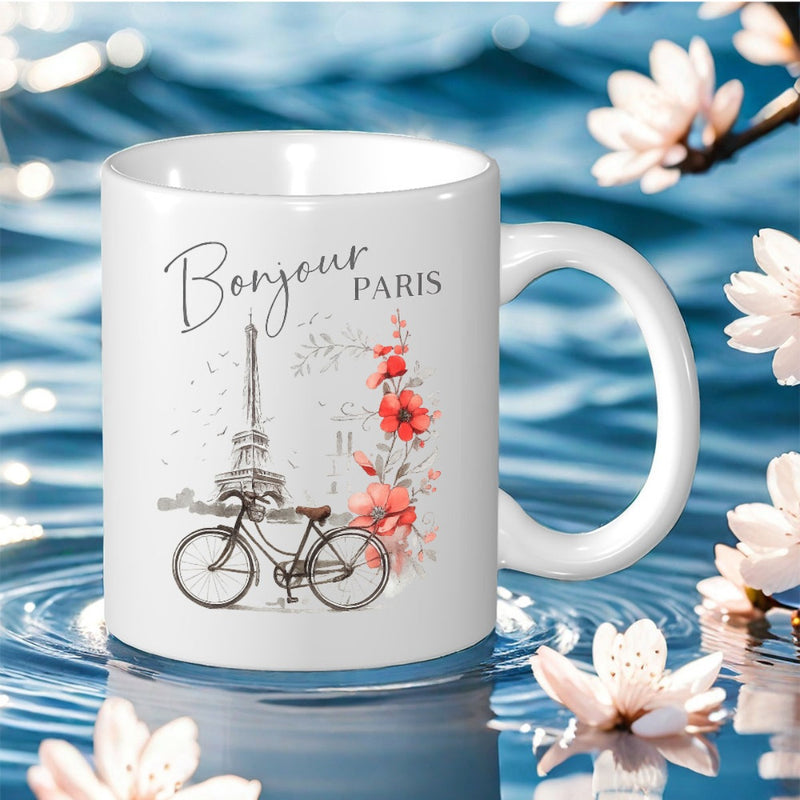 Tailorly White Ceramic 11 oz Mug - Paris Vintage Bicycle Parked Near Eiffel Tower With Elegant Red Floral Accents Bicycle