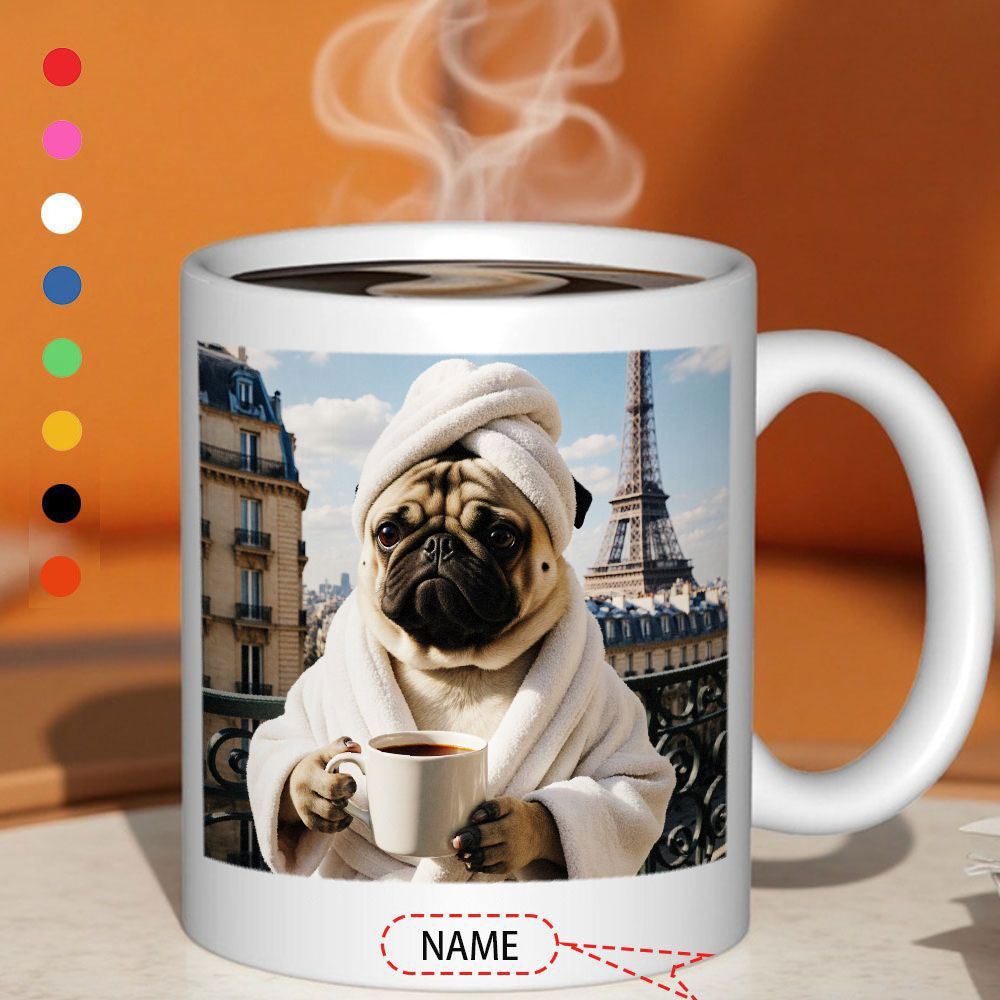 Tailorly White Ceramic 11 oz Mug - Adorable French Pug In White Bathrobe Sitting Before The Eiffel Tower Pug