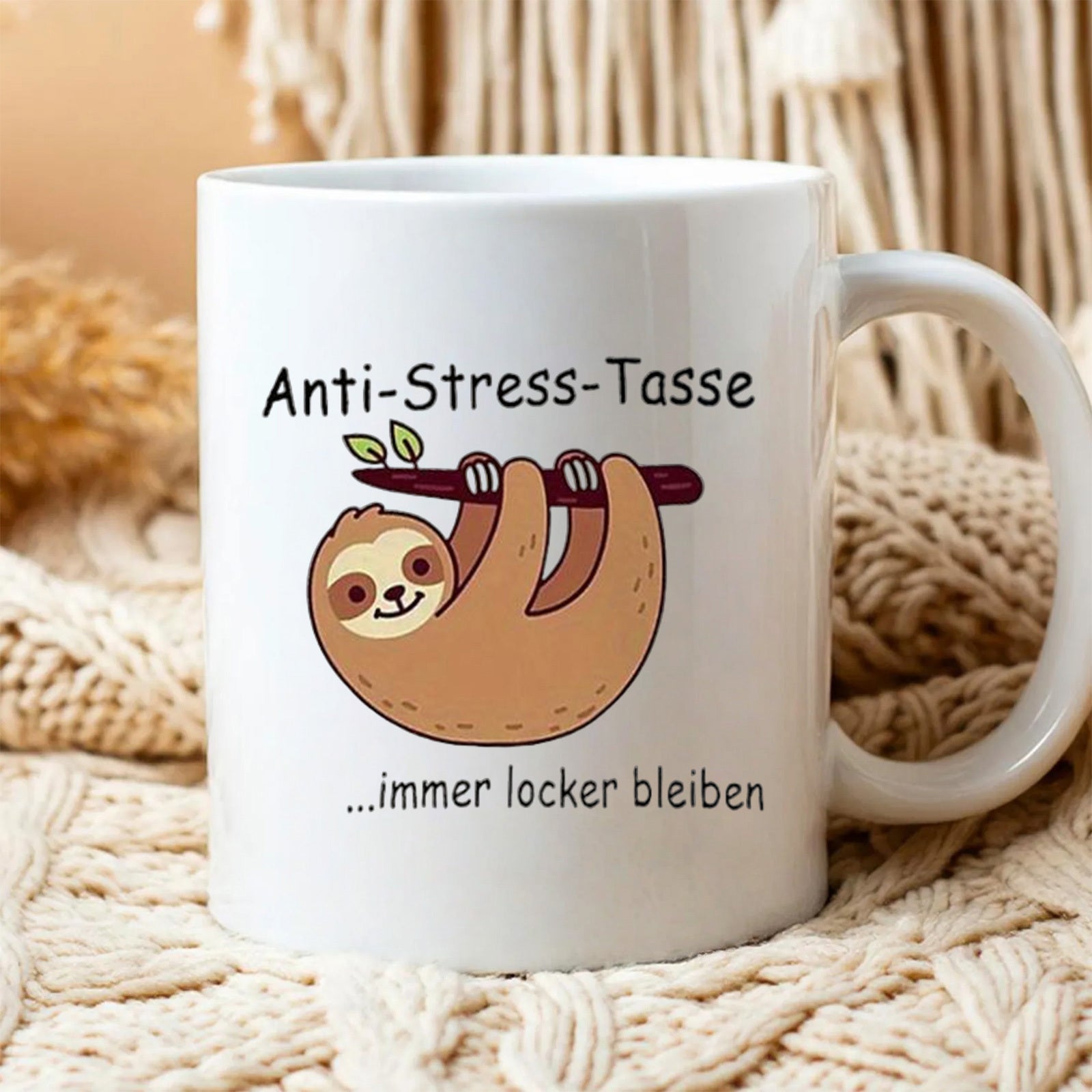 Tailorly White Ceramic 11 oz Mug - Cute Cartoon Sloth Hanging From A Tree Branch With Tiny Leaves Sloth