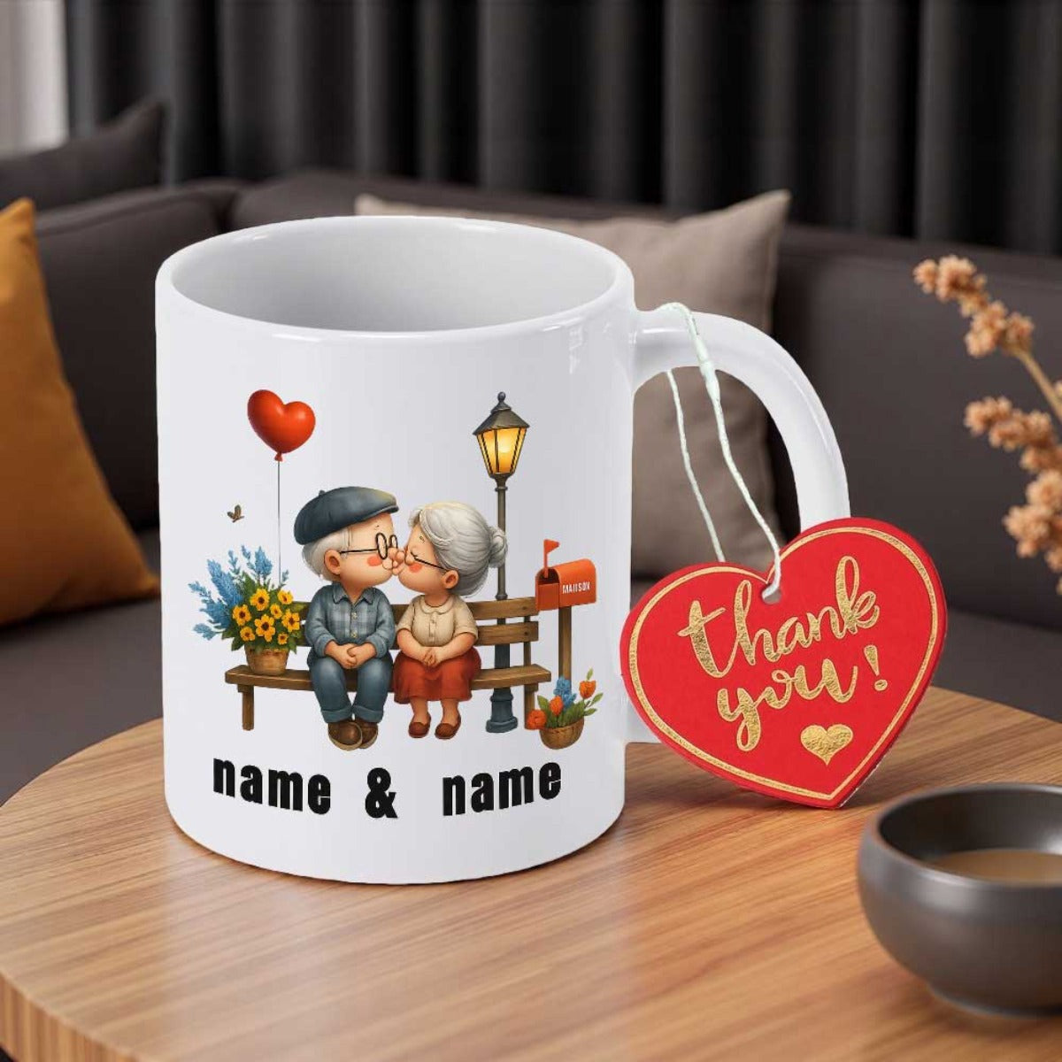 Tailorly White Ceramic 11 oz Mug - Name Name Thank You Lovely Elderly Couple Sitting On Park Bench Kissing Under Red Heart Couple