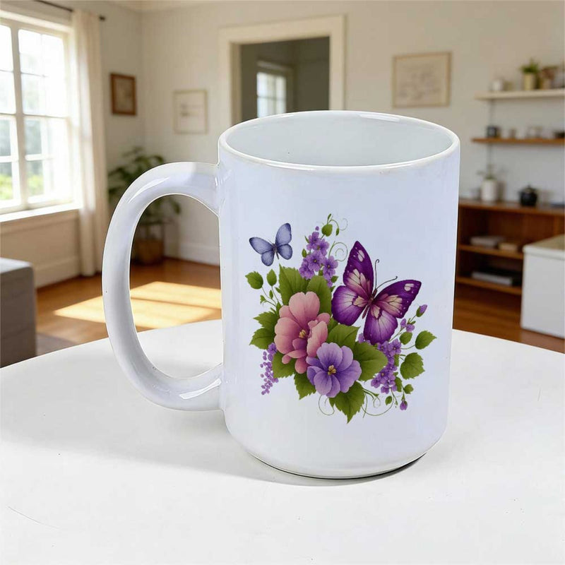 Tailorly White Ceramic 11 oz Mug - Vibrant Purple Fluttering Wings Among Blooming Pink And Purple Garden Flowers Butterfly