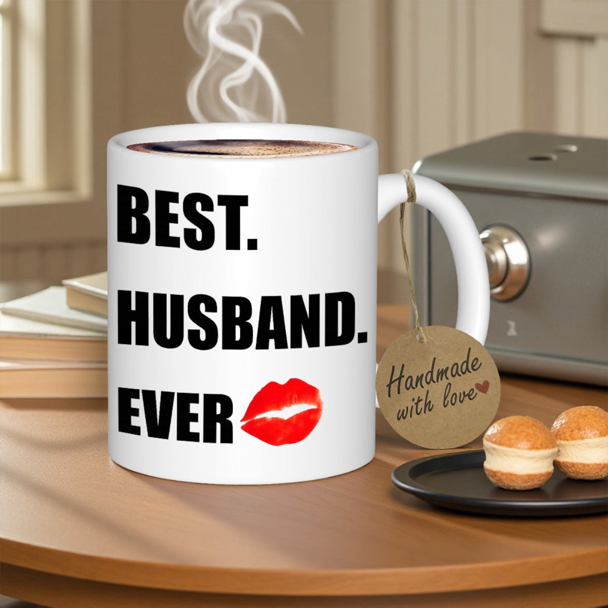 Tailorly White Ceramic 11 oz Mug - Best Husband Ever Bold Black Lettering With A Vibrant Red Romantic Lip Mark Kiss