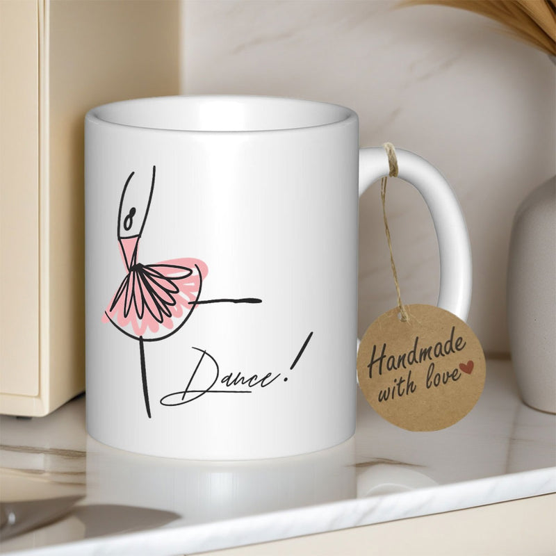Tailorly White Ceramic 11 oz Mug - Dance Minimalist Line Art Drawing With Pink Watercolor Tutu Performing A Graceful Move Ballerina