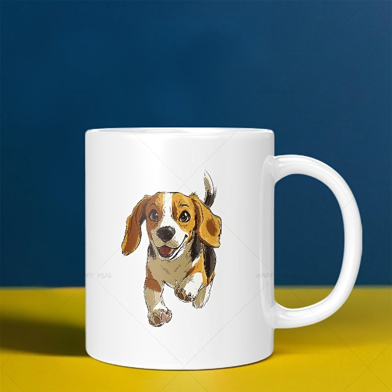 Tailorly White Ceramic 11 oz Mug - Happy Running Puppy With Floppy Ears And A Joyful Expression Beagle