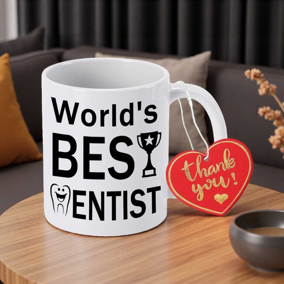Tailorly White Ceramic 11 oz Mug - World's Best Dentist Bold Black Typography Featuring Smiling Tooth And Trophy Tooth