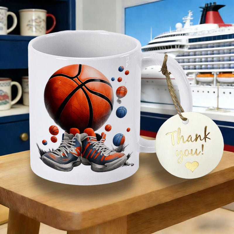Tailorly White Ceramic 11 oz Mug - Thank You Vibrant Orange Leather Textured Ball Resting Above Pair Of Athletic Sneakers Basketball