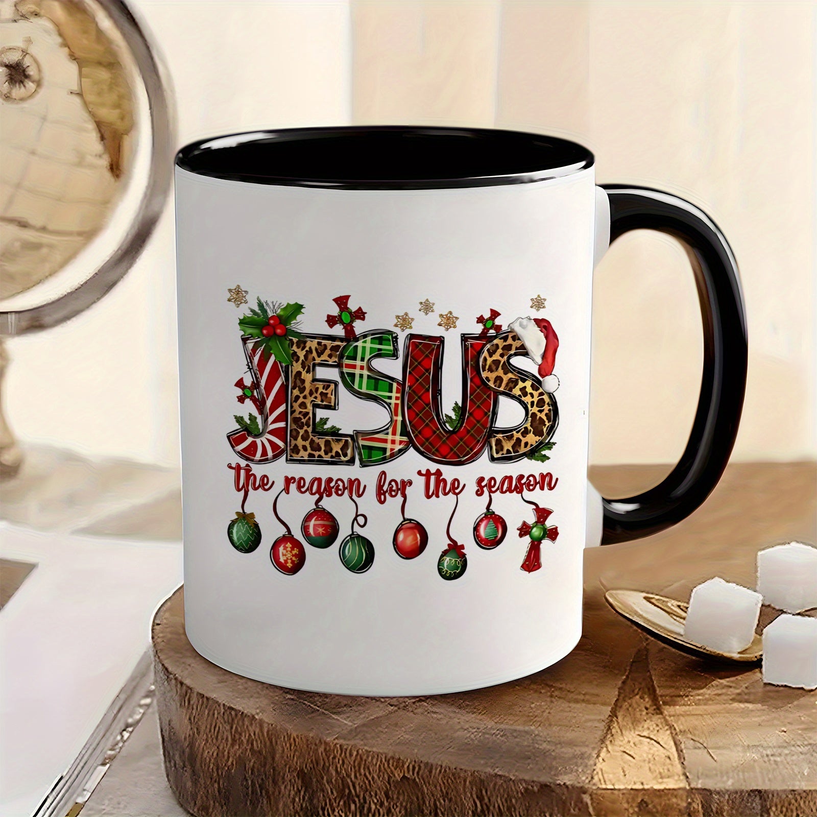Tailorly Black Accent 11 oz Mug - leopard print with candy cane patterns
