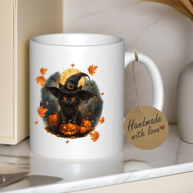 Tailorly White Ceramic 11 oz Mug - Handmade With Love Spooky Mystical Black Cat Wearing Pointy Witch Hat Among Glowing Carved Pumpkins Cat