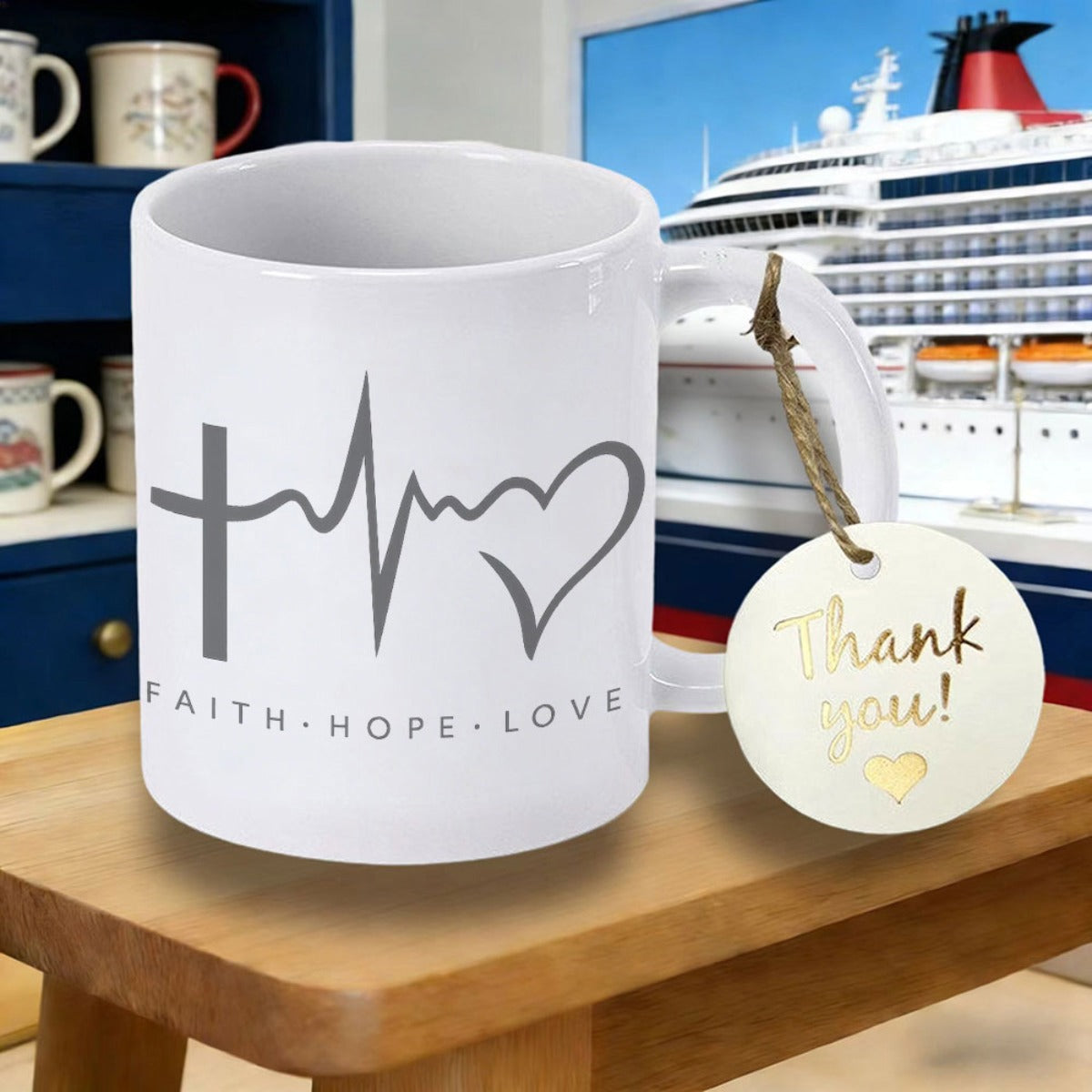 Tailorly White Ceramic 11 oz Mug - Faith Hope Love Graceful Grey Lifeline Connecting Spiritual Symbols With A Rhythmic Pulse Cross