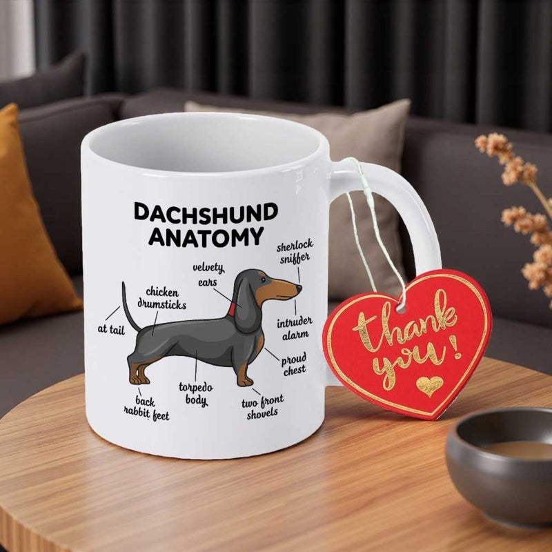 Tailorly White Ceramic 11 oz Mug - Dachshund Anatomy Cute Black And Tan Puppy Illustration Featuring Funny Anatomy Description Labels Dachshund
