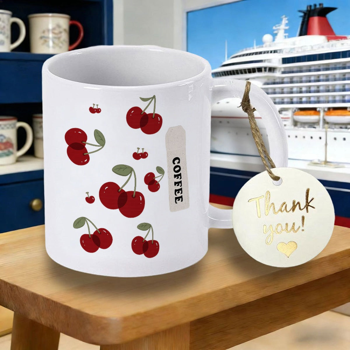 Tailorly White Ceramic 11 oz Mug - Coffee Vibrant Red Cherries With Green Leaves Scattered Across A Cherry