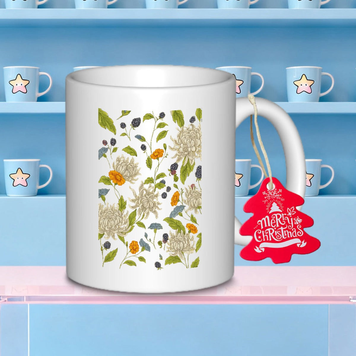 Tailorly White Ceramic 11 oz Mug - Vintage Botanical Garden Pattern With Delicate Leaves And Berries Flower