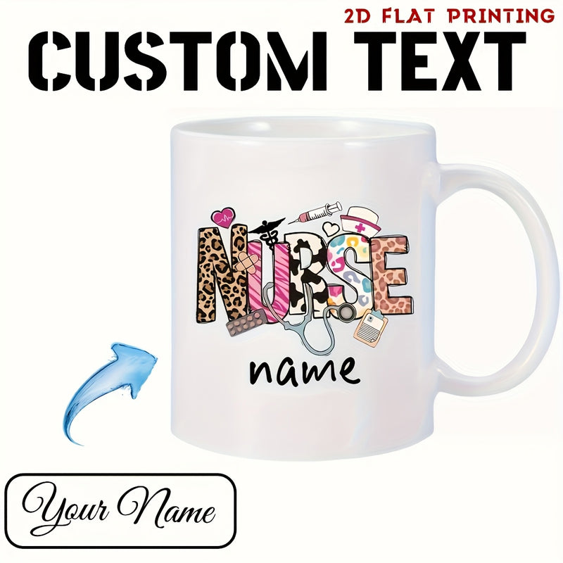 Tailorly White Ceramic 11 oz Mug - Nurse Name Personalized Ceramic Vessel Featuring Medical Icons And Decorative Patterned Letters Mug