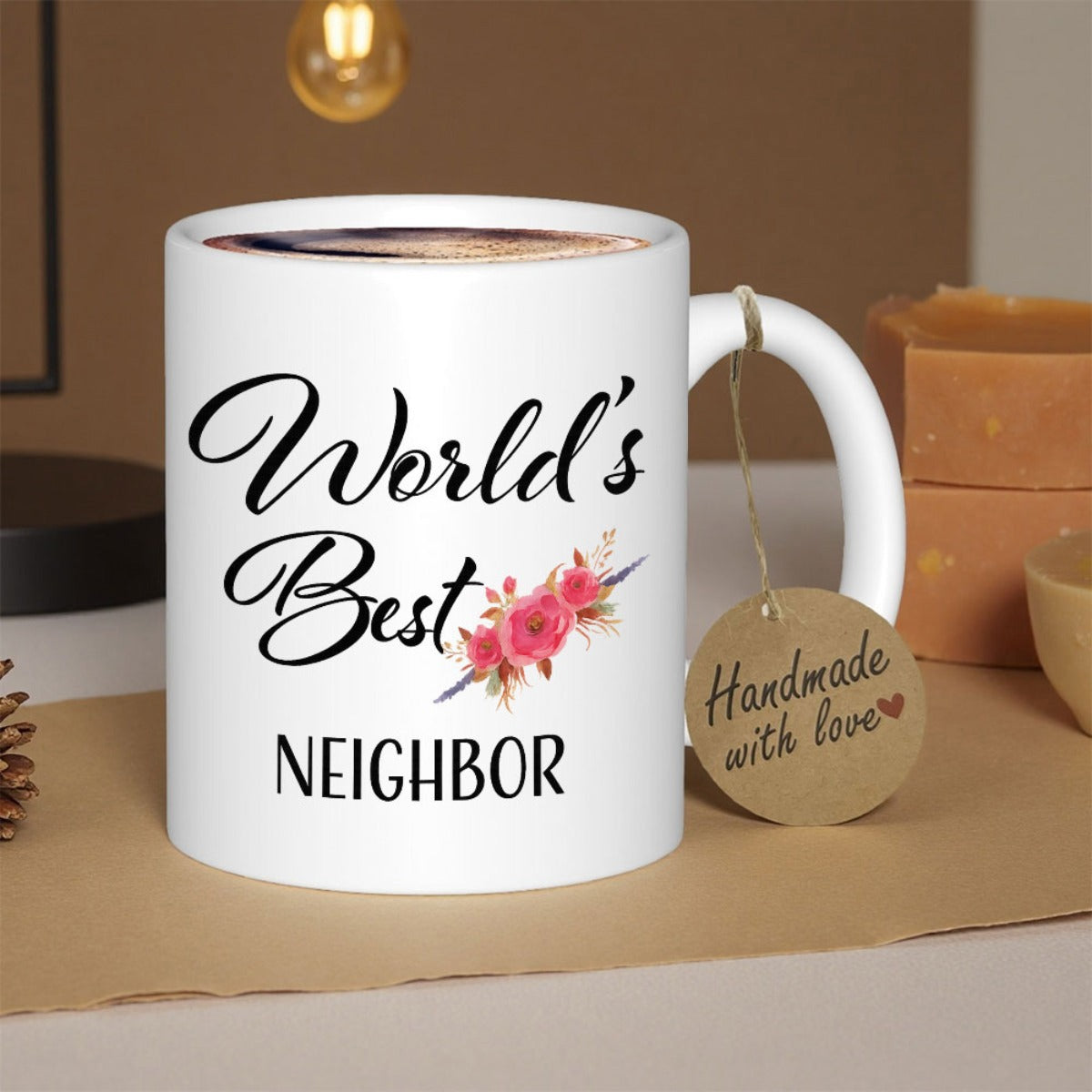 Tailorly White Ceramic 11 oz Mug - Worlds Best Neighbor Soft Pink Roses Nestled Within Delicate Green Leaves And Small Petals Flower