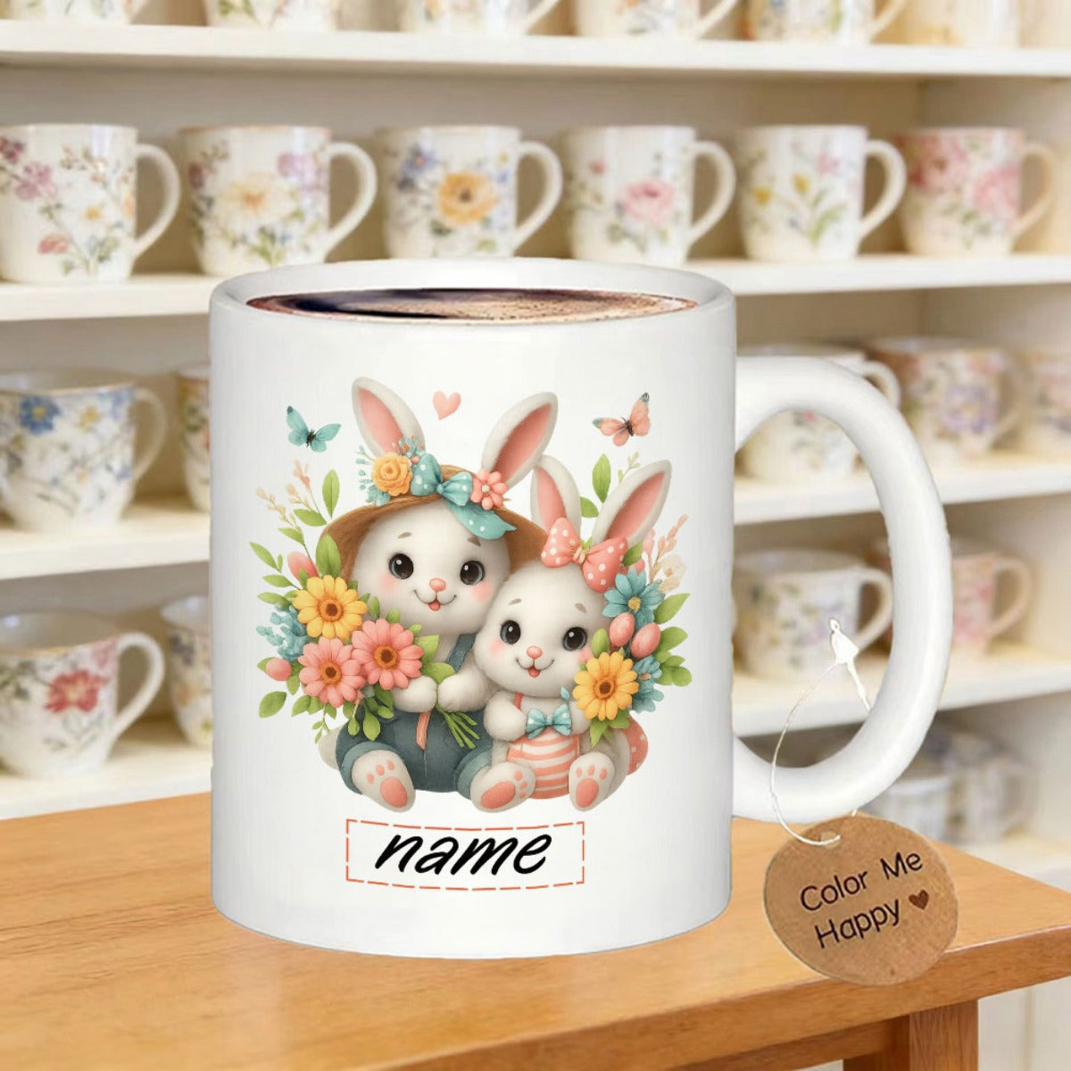 Tailorly White Ceramic 11 oz Mug - Color Me Happy Adorable Cartoon Rabbits Holding Colorful Spring Flowers Among Butterflies And Greenery Rabbit