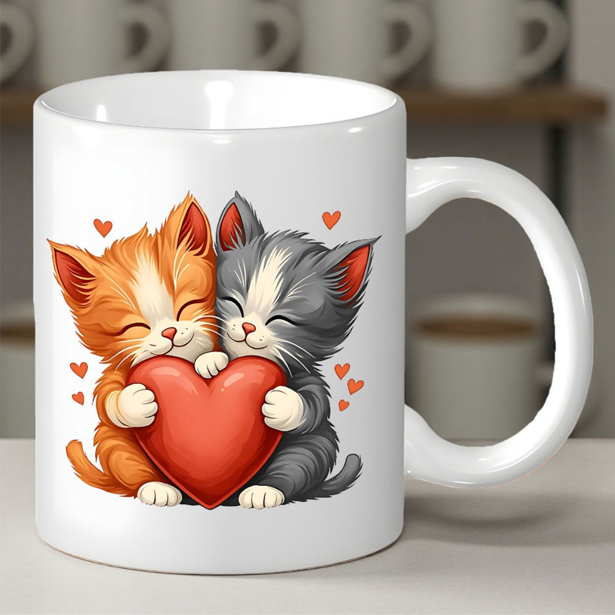 Tailorly White Ceramic 11 oz Mug - Adorable Orange And Grey Kittens Hugging Large Red Heart Among Tiny Hearts Cat
