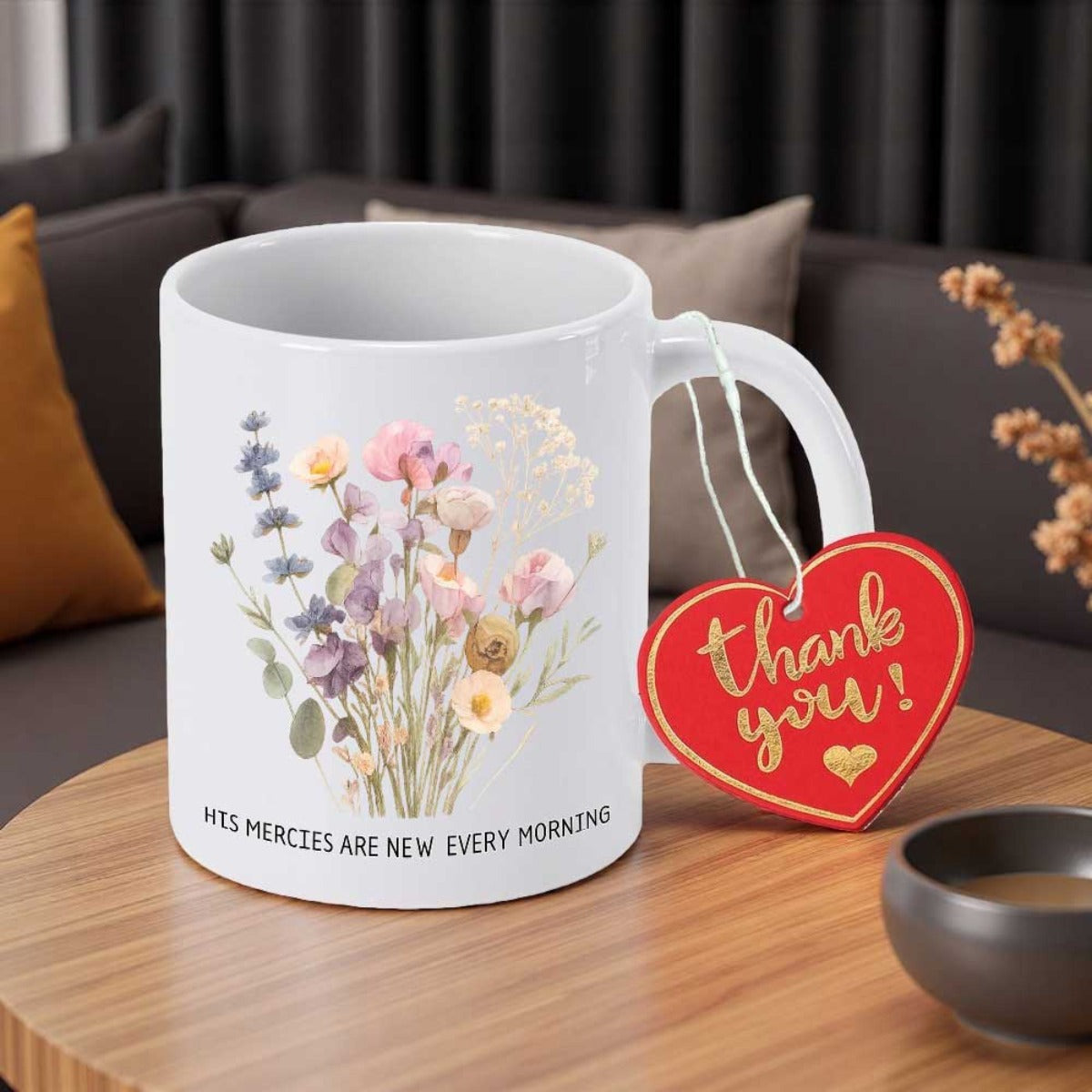 Tailorly White Ceramic 11 oz Mug - His Mercies Are New Every Morning Beautiful Wildflowers With Lavender And Pastel Blooms In Elegant Bouquet