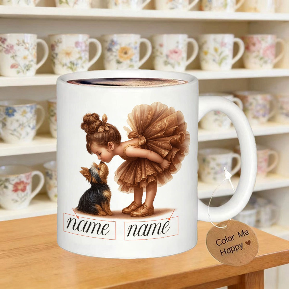 Tailorly White Ceramic 11 oz Mug - Color Me Happy Graceful Little Ballerina Wearing Brown Tutu Kissing Tiny Puppy Ballerina
