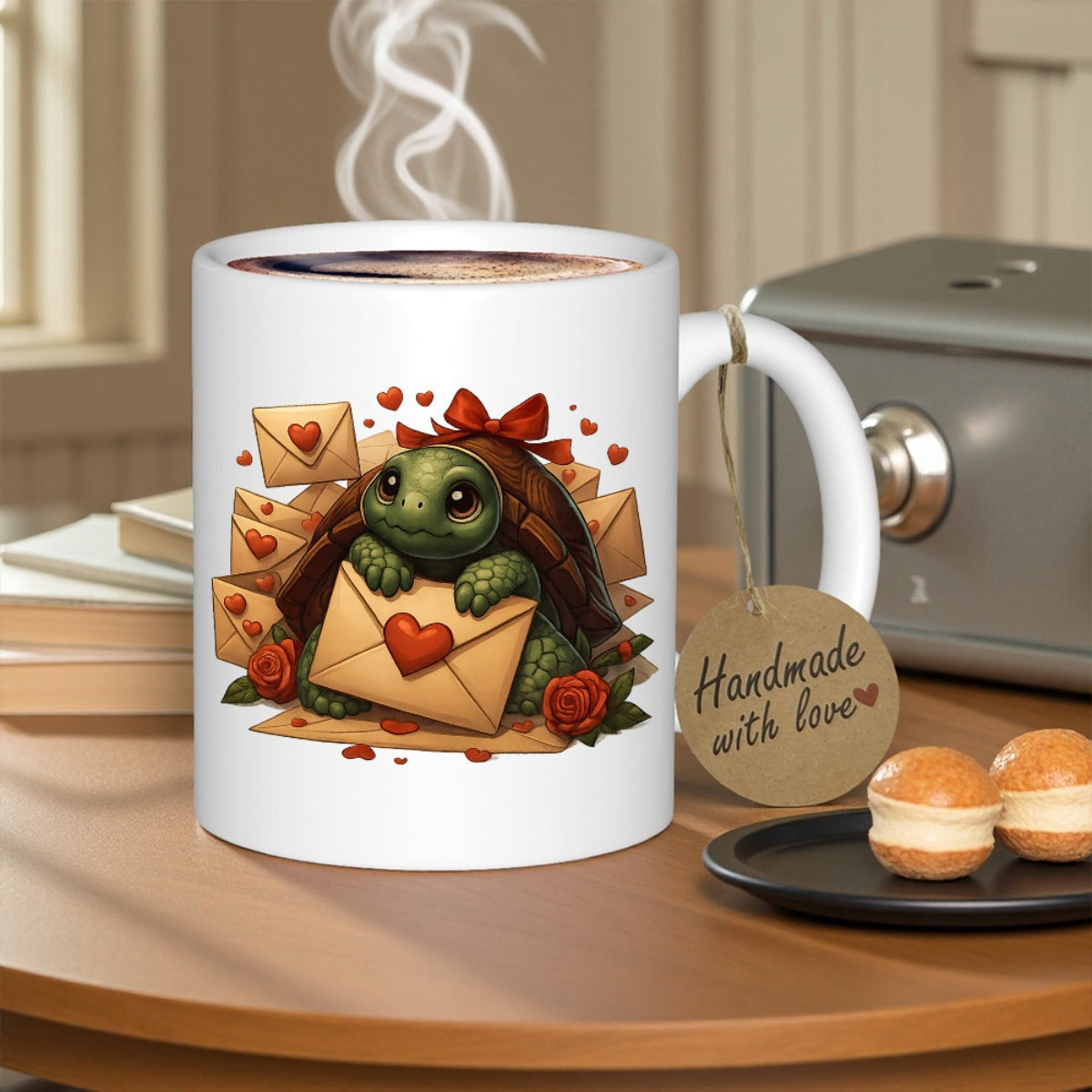 Tailorly White Ceramic 11 oz Mug - Handmade With Love Small Green Animal Holding Romantic Envelope With Red Hearts And Roses Turtle