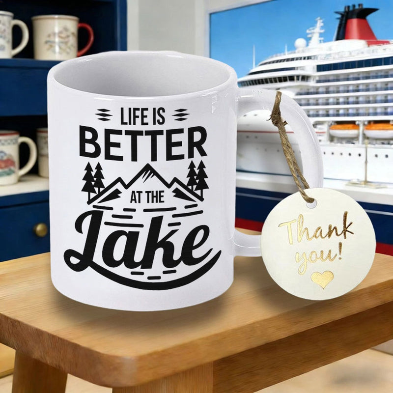 Tailorly White Ceramic 11 oz Mug - Life Is Better At The Lake Rustic Outdoor Scene With Majestic Peaks And Tall Pine Trees Mountain