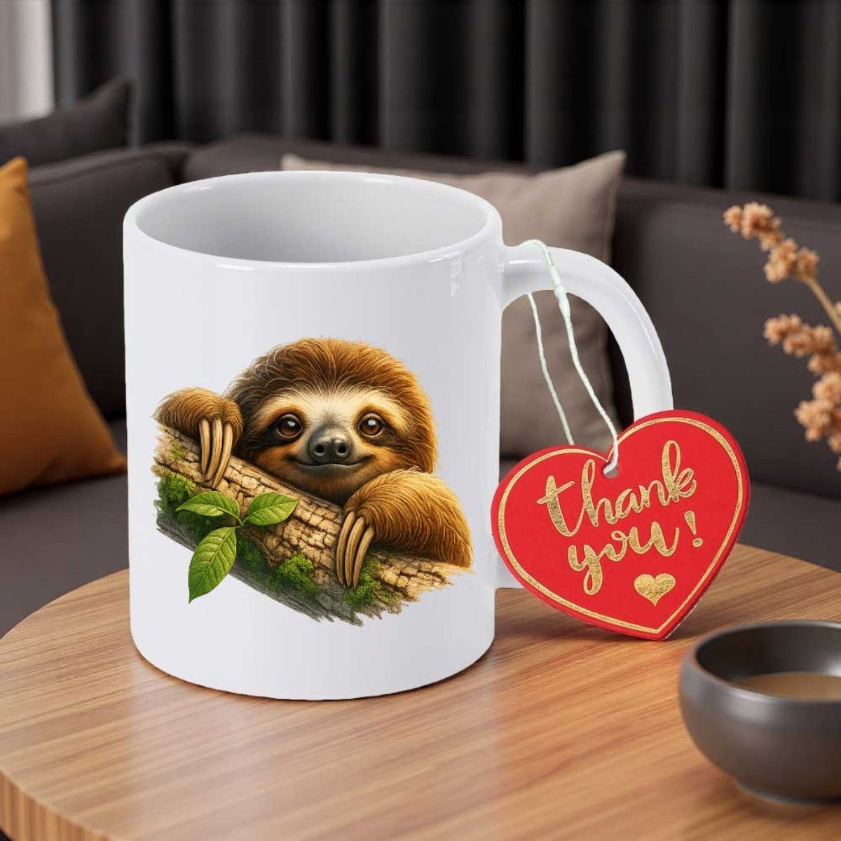 Tailorly White Ceramic 11 oz Mug - Thank You Charming Brown Sloth Resting On Tree Branch With Green Leaves Sloth