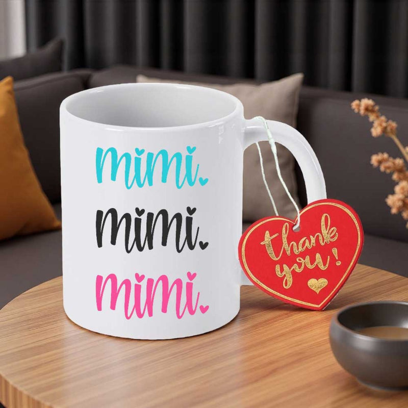 Tailorly White Ceramic 11 oz Mug - Mimi Thank You Elegant Handwritten Script Text With Tiny Hearts Ceramic Mug