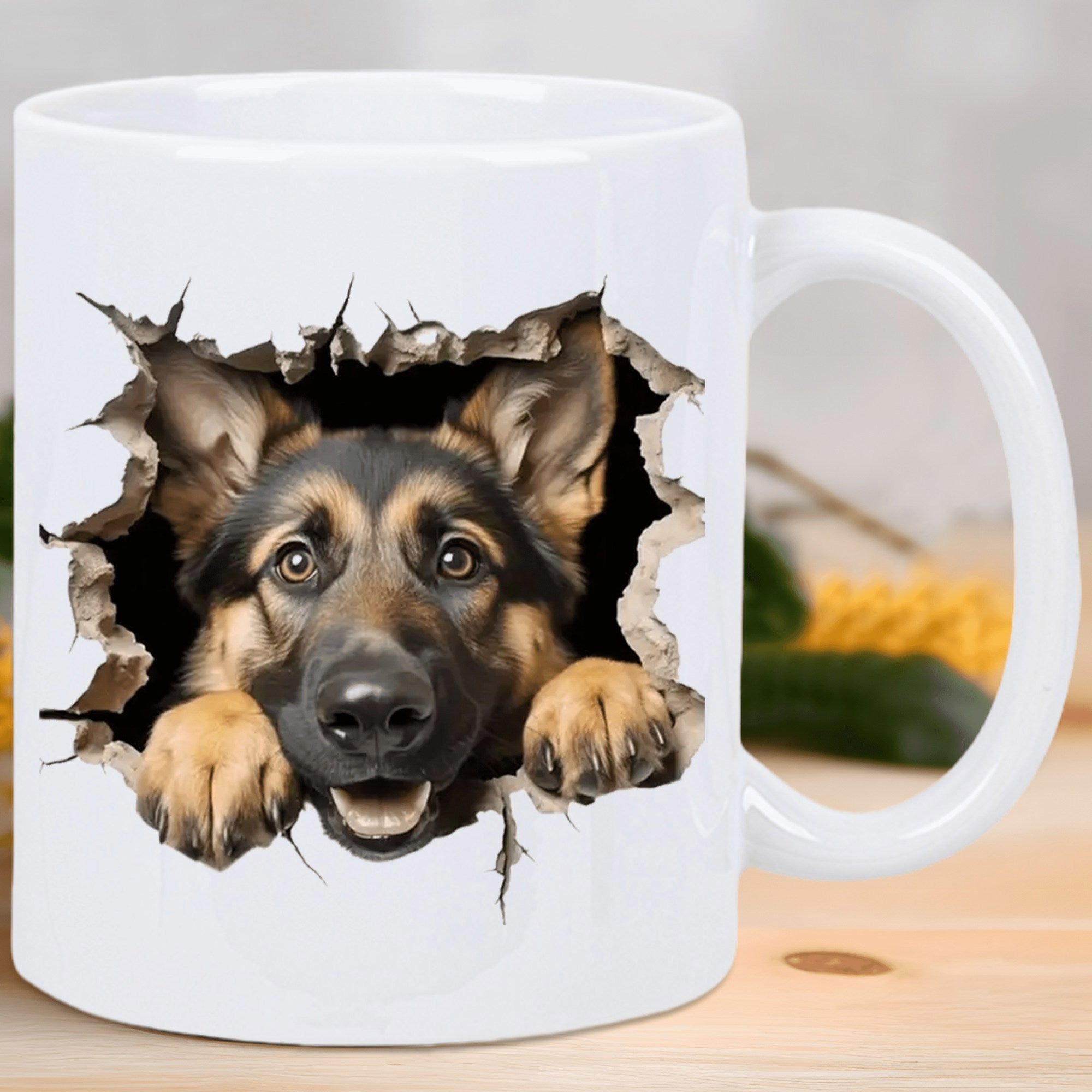 Tailorly White Ceramic 11 oz Mug - Realistic Animal Peeking Through A Broken White Wall Effect German Shepherd