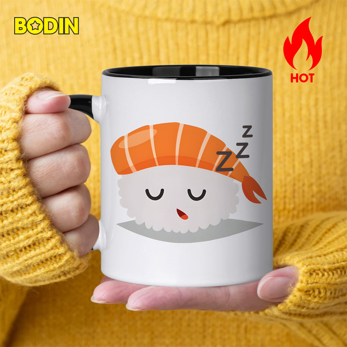 Tailorly Black Accent 11 oz Mug - cute sushi character with sleeping design